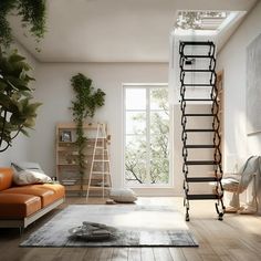 a living room filled with furniture and a tall ladder in the middle of the room