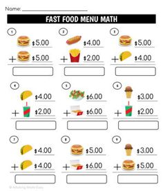 the fast food menu math worksheet