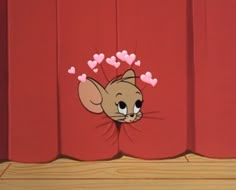 a cartoon mouse with hearts coming out of it's ears and peeking out from behind a red curtain