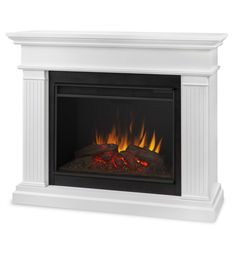 a white fireplace with flames on it