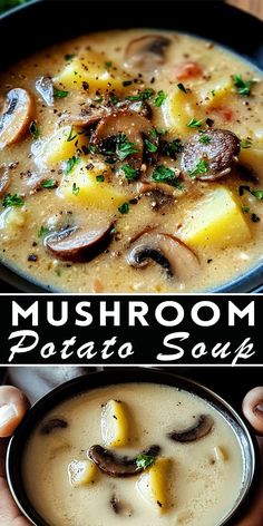 mushroom potato soup in a black bowl on a wooden table with text overlay that reads mushroom potato soup