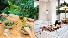 two photos side by side, one shows a woman eating salad and the other has drinks in bowls