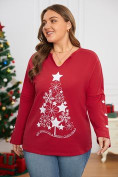 Red V-Neck Christmas Star Tree Print Sweatshirt Red Long Sleeve Christmas T-shirt, Red Long Sleeve Christmas Tops, Red Star Print Crew Neck Tops, Red V-neck Top For Holiday, Red Crew Neck Christmas Top, Red Crew Neck Top For Christmas, Red V-neck Holiday Top, Red V-neck Top For Christmas, Red Long Sleeve Holiday T-shirt