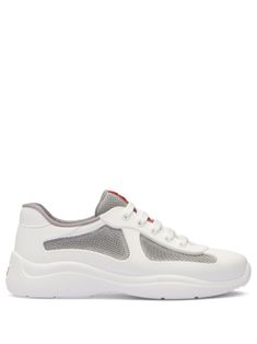 white/medium grey colour-block panelled design mesh panelling appliqué logo round toe front lace-up fastening branded insole rubber sole Prada Sneakers, America's Cup, Americas Cup, White Sneakers Women, Round Logo, Grey Colour, Prada Shoes, Boots And Sneakers, Colour Block