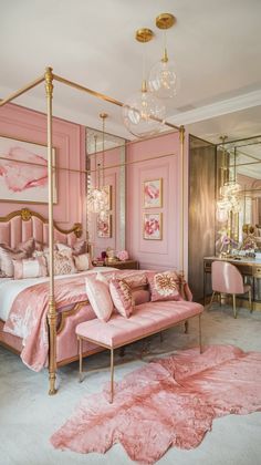 a pink and gold bedroom with four poster bed, chandelier, chair, rugs and mirror