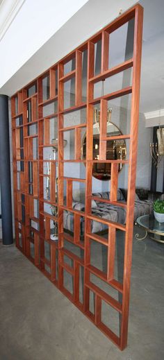 Walnut Custom Midcentury Style Geometric Room Divider For Sale Retro Room Divider, Partition Entryway, Mcm Room Divider, Midcentury Modern Apartment, Bookshelf Divider, Room Dividers Ideas, Mid Century Modern Room Dividers, Divider Shelves, Mid Century Shelves