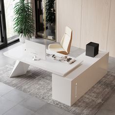 an office desk with a chair and computer on it