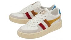 Sporty Color Block Sneakers With Round Toe, Color Block Sports Sneakers, Color Block Sneakers For Sports With Round Toe, Sporty Multicolor Sneakers With Gum Sole, Color Block Sneakers With Round Toe For Sports, Retro Multicolor Sneakers With Rubber Sole, Sporty Red Color Block Sneakers, Red Color Block Sporty Sneakers, White Color Block Lace-up Sneakers