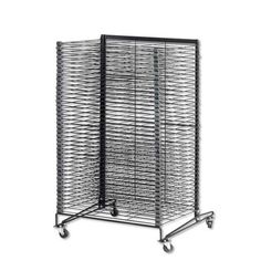 a large metal rack with wheels on the bottom and sides, in front of a white background