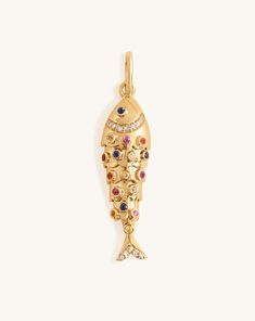 Multi Gemstone Gold Fish Necklace Charm | Sparkle Society Gold Fish Necklace, Fish Necklace, Multi Sapphire, Gold Fish, Solid Gold Chains, Fancy Bags, Necklace Charm, Play Dress, Nice Things