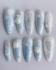 Blue Rose Nails, Nail Art Light Blue, Blue Coquette Nails, Blue Flower Nail Designs, Korea Nails, Pastel Blue Nails, Korea Nail, Belle Nails, Quinceanera Nails