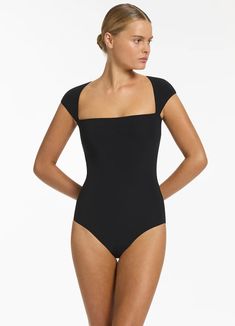 Jetset Cap Sleeve One Piece - Black – Seafolly US Cap Sleeve Swimsuit, The Jets, Sleeve Swimsuit, Beach Club, Body Measurements, David Jones