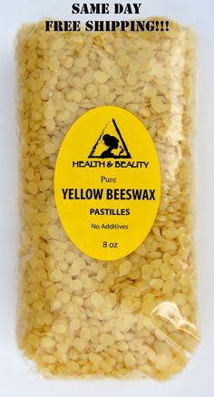 yellow beewax paste in a bag on a white surface with the label above it