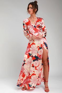 Rosanna Coral Red Floral Print Satin Wrap Maxi Dress Printed Satin Dress, Red Satin Dress, Cute Floral Dresses, Womens Wrap Dress, Little Red Dress, Floral Wrap Dress, Red Dress Outfit, Red Floral Print, Wrap Maxi Dress