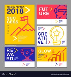 four posters for the annual report, with different colors and shapes on each one side