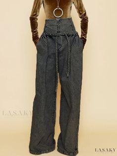 Lasaky - Vintage High Waist Loose Straight Wide Leg Denim Pants Baggy High Waist Dark Wash Flare Jeans, High Waist Baggy Dark Wash Flare Jeans, Baggy Mid-rise Wide Leg Pants For Fall, High-rise Denim Blue Pants For Fall, High Rise Denim Blue Pants For Fall, Dark Wash High Waist Baggy Jeans, High Rise Non-stretch Pants With Belt Loops, Baggy High-waisted Bottoms With Belt Loops, Denim Bottoms With Five Pockets For Fall