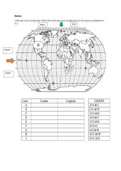 the world map is labeled in red and green, with arrows pointing to different locations