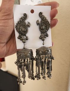 Around 2 inches long Wedding Oxidized Finish Dangle Jhumkas, Black Metal Jhumkas, Oxidized Finish Dangle Jhumkas For Festivals, Oxidized Metal Jhumkas For Festivals, Festive Bohemian Jhumkas With Oxidized Finish, Jhumka Earrings, Black Metal, Charm Bracelet, Black