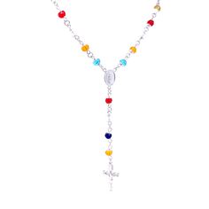 Make a statement of faith and fashion with this gorgeous Rosary necklace! This unique piece of jewelry is crafted with 14k white gold filled metal and is adorned with multicolor crystal beads. The perfect accessory for spiritual protection and elegance, this necklace makes a lovely addition to any outfit. The necklace length is about 20 inches with a 4 inches extension that ends with a crucifix pendant and is lead and nickel free, making it safe for any skin type. Whether you’re looking for a me Multicolor Beaded Chain Crystal Necklaces With Spiritual Style, Multicolor Beaded Chain Crystal Necklace, Spiritual Style, Multicolor Beaded Chain Spiritual Crystal Necklaces, Multicolor Necklace With Silver Beads For Gifts, Spiritual Multicolor Beaded Chain Crystal Necklaces, Spiritual Multicolor Crystal Necklaces With Beaded Chain, Multicolor Spiritual Beaded Chain Jewelry, Multicolor Silver Beaded Necklace For Gifts, Multicolor Silver Beads Necklace As Gift