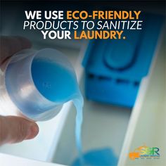 a hand is pouring liquid into a container with the words we use eco - friendly products to sanitize your laundry