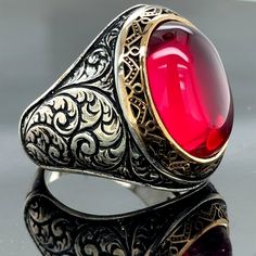 Silver Ruby Stone Ring , Engraved Man Handmade Silver Ring , Natural Ruby Ring , Red Stone Ring, Ottoman Style Ring , Gift For Him  ★Item Details * Gender : Male / Female * Material : 925K Sterling Silver * Total weight : 20 Grams * Gemstone : Ruby  Stone ✔ Ready to Ship in 1-2 Business Days .. ✔ Shipped to the Worldwide 1-5 business days with free shipping... ✔ The product will be sent to you with a handmade wooden box to avoid any damage during shipping... ✔ Visit our store, browse other Men's Formal Red Engraved Signet Ring, Red Engraved Signet Ring For Formal Occasion, Oval Engraved Ruby Ring Gift, Antique Ruby Rings As Gift, Formal Engraved Red Ruby Ring, Engraved Oval Ruby Ring Gift, Red Engraved Wedding Rings, Red Engraved Rings For Promise, Red Promise Ring With Intricate Design