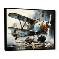 an old airplane is sitting on the ground in front of a cityscape canvas wall art