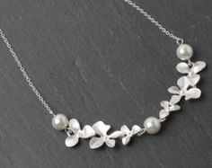 Orchid Necklace Pearl Necklace Silver Orchids by LadyKJewelry Junior Bridesmaid Gifts, Pearl Necklace Silver, Orchid Necklace, Orchid Jewelry, Flower Girl Necklace, Orchid Earrings, Flower Girl Jewelry, Bridal Pearl Necklace, Orchid Wedding