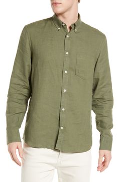 This versatile shirt cut from breathable fabric with a smart button-down collar is one you'll want in every color. 30" length; 44" chest (size Medium) Front button closure Button-down collar Long sleeves with button cuffs Chest patch pocket 100% linen Machine wash, tumble dry Imported Men's Clothing Fitted Floral Dress, Solid Dress Shirt, Green Shirt Dress, Check Dress Shirt, Slim Fit Dress Shirts, Tuxedo Shirts, Plaid Dress Shirt, Fitted Dress Shirts, Every Color