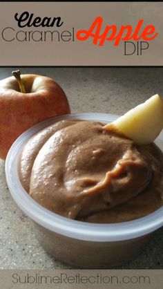 an apple and caramel dip in a plastic container