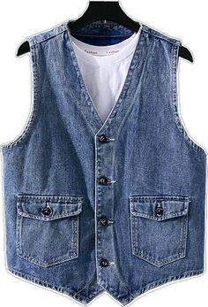 Blue Buttoned Summer Outerwear, Spring Button-up Vest With Pockets, Denim Blue Vest With Button Closure For Spring, Spring Denim Blue Buttoned Vest, Blue Denim Vest With Buttons For Spring, Spring Blue Denim Vest With Buttons, Blue Button-up Vest For Spring, Medium Wash Buttoned Vest For Fall, Blue Denim Work Vest