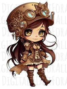 Steampunk Kunst, Steampunk Images, Steampunk Dolls, Art Steampunk, Sticker Printing, Big Eyes Art, Chibi Girl, Images Vintage, Steampunk Art