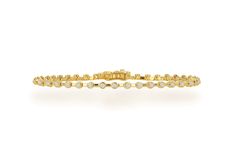 This Diamond Bezel Space Line Bracelet is available in 14k yellow gold. This piece looks great alone, and even better stacked! Beautiful and understated. Perfect for every day wear to the office, out to dinner and beyond. Can be special ordered in white or rose gold. Average carat weight 0.66 cts. Available in 6" or 7" Please allow 3-4 weeks for delivery Elegant Gold Bracelet With Diamond Bezel Setting, Elegant Diamond Gold Bracelet With Bezel Setting, Elegant Diamond Bracelet With Bezel Setting, Gold Tennis Bracelet With Single Diamond, Classic Yellow Gold Tennis Bracelet With Bezel Setting, Elegant Gold Bracelet With Bezel Setting For Anniversary, Elegant Diamond Bracelet With Bezel Setting For Anniversary, Formal Gold Bracelet With Bezel Setting, Formal Fine Jewelry Gold Bracelet With Bezel Setting