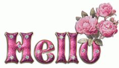 the word hello spelled out with pink flowers and diamonds on it's side, in front of a white background