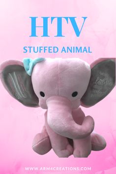 an elephant stuffed animal with the words htv on it's back and pink background