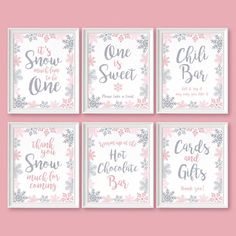 four pink and silver christmas cards with snowflakes on them, one saying it's snow