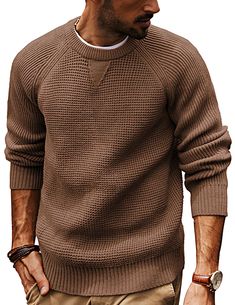 PRICES MAY VARY. Classic Design: Men waffle sweaters feature with raglan sleeve, crew neck, classic waffle textured, neckline with sweatshirt triangle design, ribbed neckline, sleeve cuffs and hemline. The classic crewneck design is easy to pair with various outfits. Dress it up with a collared shirt for a more polished look or wear it casually with jeans for a laid-back style Soft & Comfy Material: Men's pullover sweater is made of soft knitting elastic fabric, stretch, skin-friendly, warm and Knitted Crew Neck Sweater, Brown Crew Neck Sweater With Ribbed Neckline, Brown Sweater With Ribbed Crew Neck, Brown Waffle Knit Sweater For Winter, Brown Waffle Knit Winter Sweater, Crew Neck Waffle Knit Sweater, Casual Brown Sweater With Ribbed Neckline, Crew Neck Waffle Knit Sweater In [color], Casual Solid Waffle Knit Sweater