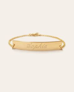 Shop this amazing nameplate bracelet in your choice of sterling silver, yellow gold vermeil, rose gold vermeil, or 14K gold with the engraving of your choice in block or script font (all engraving will be centered unless specified otherwise in the comment box at checkout). Be as creative as you wish with your engraving! For example, GPS coordinates, Roman numerals, special dates, etc... Made in L.A. For a heart please enter (heart) Please enter up to 13 characters Make sure to enter the engravin Delicate Gold Bracelet, Nameplate Bracelet, Gothic Font, Gps Coordinates, Grad Gifts, Script Font, Roman Numerals, Work Attire, Name Plate