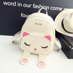 Color: beige Kitty Backpack, Rucksack Bags, Cartoon Backpack, Cat Backpack, Cat Bag, Women Leather Backpack, Small Cat, Kawaii Cat, Small Backpack