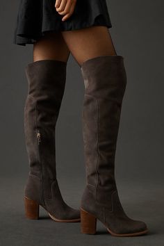 Step stylishly into the new season with this suede over-the-knee pair we love outfitting them with a flouncy mini dress for an effortlessly chic look. Over The Knee Boot Outfit, Shop Boots, Weather Boots, Slouched Boots, Knee High Leather Boots, Fashion Over 50, 50 Fashion, Blue Suede, Boots Outfit