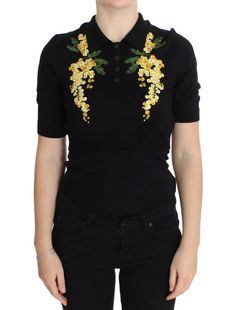 Dolce & Gabbana Black Silk Floral Embroidered Polo Top Polo Women, Floral Embroidered Top, Polo Top, Casual Vest, Dolce E Gabbana, Embroidered Silk, Dolce & Gabbana, Embroidered Top, Top Model