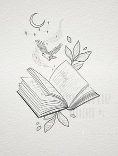 an open book with leaves and a bird flying out of it, on top of a white