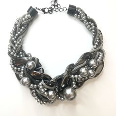 Nwot Chunky Silver And Gray Beaded Twist Necklace. An Absolute Exquisite Statement Piece Of Jewelry To Complete An Outfit Or Add Some Definite Holiday Sparkle To Your Look! Measures 16” With 3.25” Extender And Lobster Claw Closure Party Pearl Chain Beaded Necklace, Silver Beaded Necklaces For Party, Silver Necklaces With Round Beads For Party, Party Beaded Necklaces With Silver Chain, Silver Necklace With Round Beads For Party, Silver Large Beads Necklace For Party, Elegant Silver Beaded Necklace With Metal Beads, Elegant Silver Necklace With Metal Beads, Elegant Silver Metal Beaded Necklace