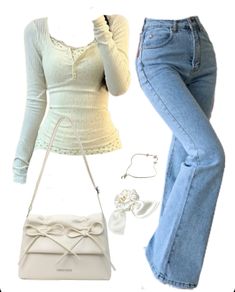 OOTD: Patchwork Tee + Flare Jeans + Leather Shoulder Bag Outfits For Fifth Graders, Cottagecore With Jeans, Chloecore Outfits, 80s Coquette Outfits, Tops With Flared Jeans, Y2k Clothes Ideas, Pretty Clothes Aesthetic, Cute But Casual Outfits, Soft Y2k Outfits