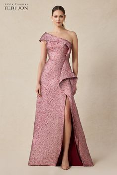 Glamorous One-shoulder Embellished Evening Dress, Asymmetrical Ruffled One-shoulder Evening Dress, One-shoulder Floral Dress With Asymmetrical Neckline For Evening, Sleeveless Ruffled Pre-draped Evening Dress, Evening One-shoulder Dress With Ruffles And Asymmetrical Hem, Stylist Outfit, One Shoulder Gown, Metallic Fabric, Jacquard Dress