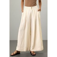 Beige (72% Viscose, 28% Linen). Pants. Pull-on closure. 27" inseam. 10" rise. Imported. Beige Wide Leg Pants With Belt Loops, Cream Wide-leg Pants With Belt Loops, Wide Leg Cotton Bottoms For Daywear, Cream High-waisted Wide Leg Pants With Belt Loops, Beige Wide Leg Dress Pants, Summer Full-length Cotton Dress Pants, Summer Cotton Full-length Dress Pants, Summer Cotton Full Length Dress Pants, Cotton Dress Pants For Summer