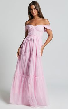 Ontario Maxi Dress - Off Shoulder Corset Bodice Tulle Dress in Ballet Pink Off Shoulder Corset, Basic Black Dress, Bachelorette Dress, Spring Maxi Dress, Neon Outfits, Maid Of Honour Dresses, Navy Bridesmaid Dresses, Corset Bodice, Pink Bridesmaid Dresses