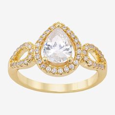 Ring Style: Halo RingsFeatures: In A Gift Box, Nickel FreeShape: PearStone Cut: PearStone Millimeter Measurement: 8 Mm Width, 6 Mm LengthMetal Color: Gold ToneMetal: 14k Gold Over BrassBand Width: 2mmCare: Wipe CleanStone Type: 51 Cubic ZirconiaCountry of Origin: Imported Gold Cubic Zirconia Cluster Ring With Halo Design, Teardrop Cubic Zirconia Promise Jewelry, Gold Open Ring Halo For Promise, Elegant Teardrop Birthstone Promise Ring, Pear-shaped Diamond Accented Promise Ring, Pear-shaped Promise Ring With Diamond Accents, Gold Cubic Zirconia Ring With Halo Detail, Gold Cubic Zirconia Diamond Ring With Halo, Gold Crystal Ring With Halo Design