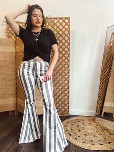 STRIPED DENIM FLARES. 98% COTTON, 2% SPANDEX. Cream/Charcoal Stripes. Striped Denim, Bell Bottom, Denim Flares, Striped Pants, Bell Bottoms, Walking, Stripes, Spandex, Cream