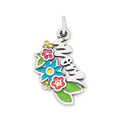 Let this charm brighten her life as much as she brightens yours. Colorful hand-enameled flowers flourish beneath a scripted "Mom" on this sterling silver gift for her. Engrave the back of this charm for mom to personalize with meaningful names, dates or i Mother's Day Charms For Mom, Mother's Day Charms Gift For Mom, Mother's Day Gift For Mom Charms, Sterling Silver Flower Charm, Personalized Charms For Gifts, Mother's Day Gift Charms, Personalized White Charms For Mother's Day, Personalized Silver Charms For Mother's Day, Personalized Multicolor Jewelry