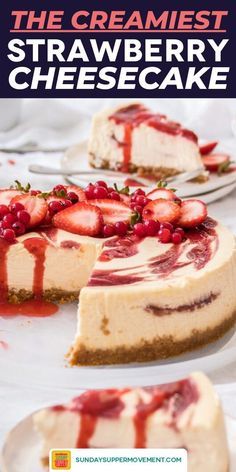 the cheesecake is topped with strawberries and has a slice cut out to show it's filling